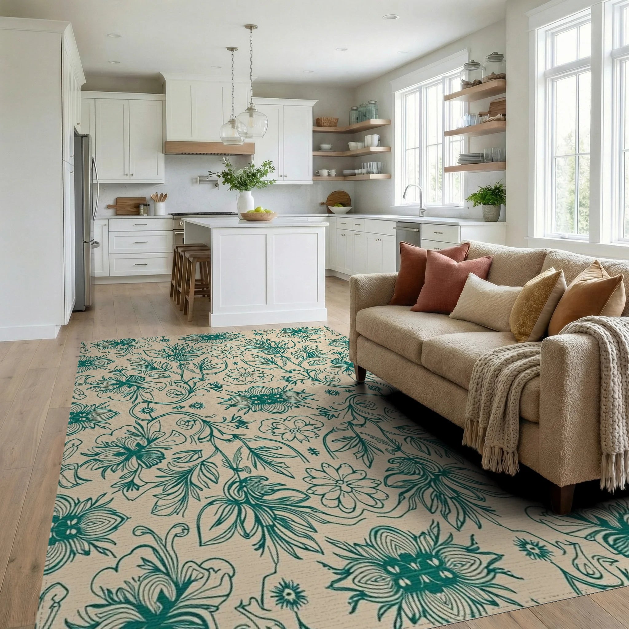 Teal Floral Vine Symmetry Rug Living Room View