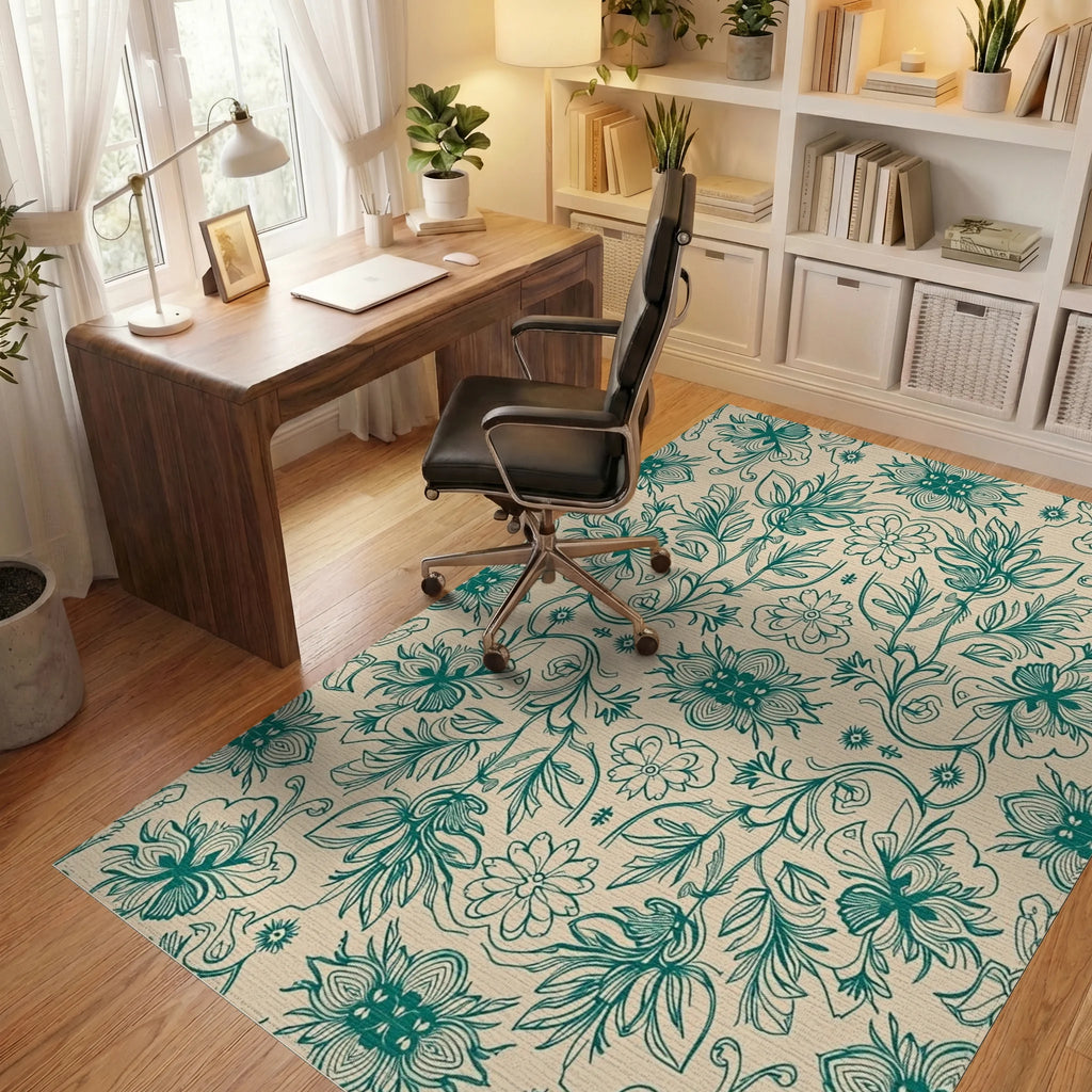 Teal Floral Vine Symmetry Rug Office View