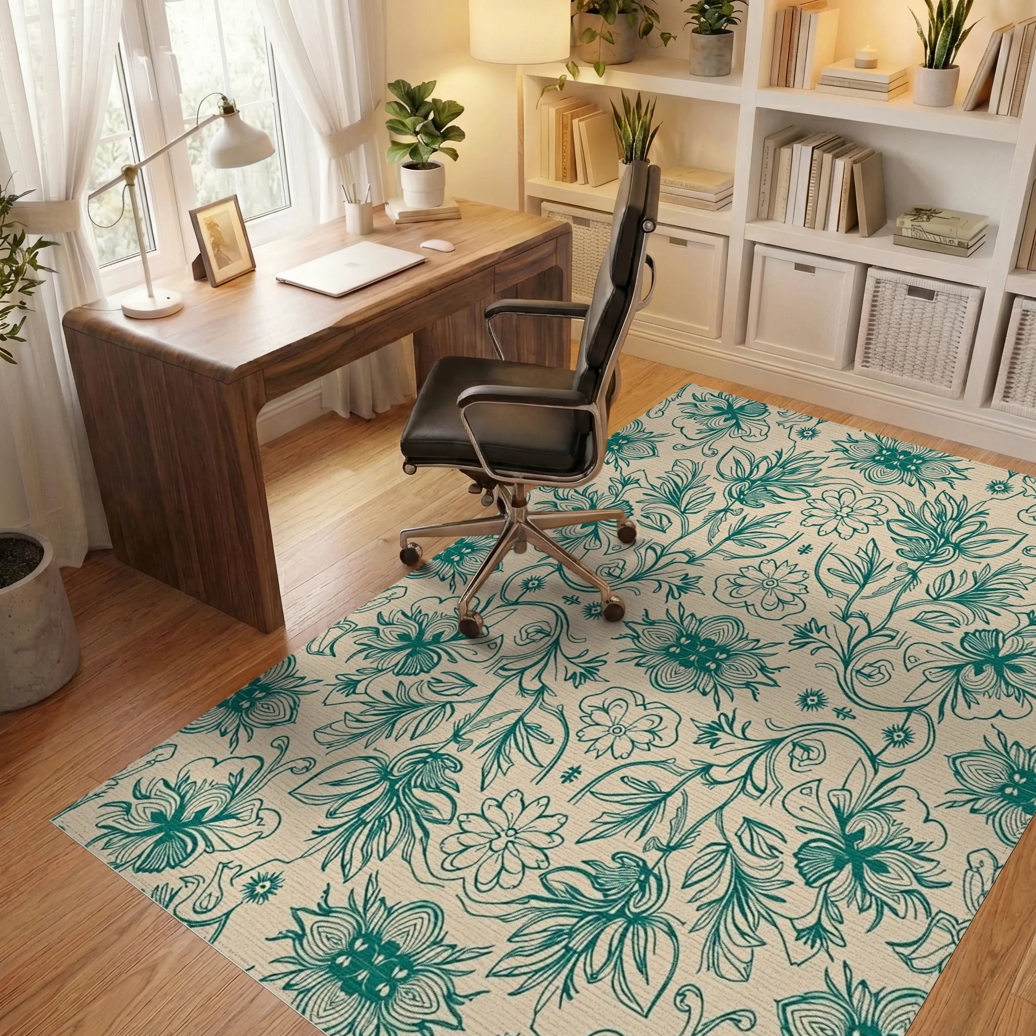 Teal Floral Vine Symmetry Rug Office View