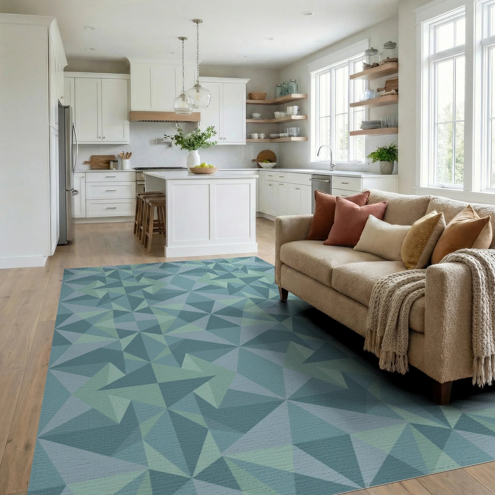 Teal Geometric Faceted Star Rug Living Room View