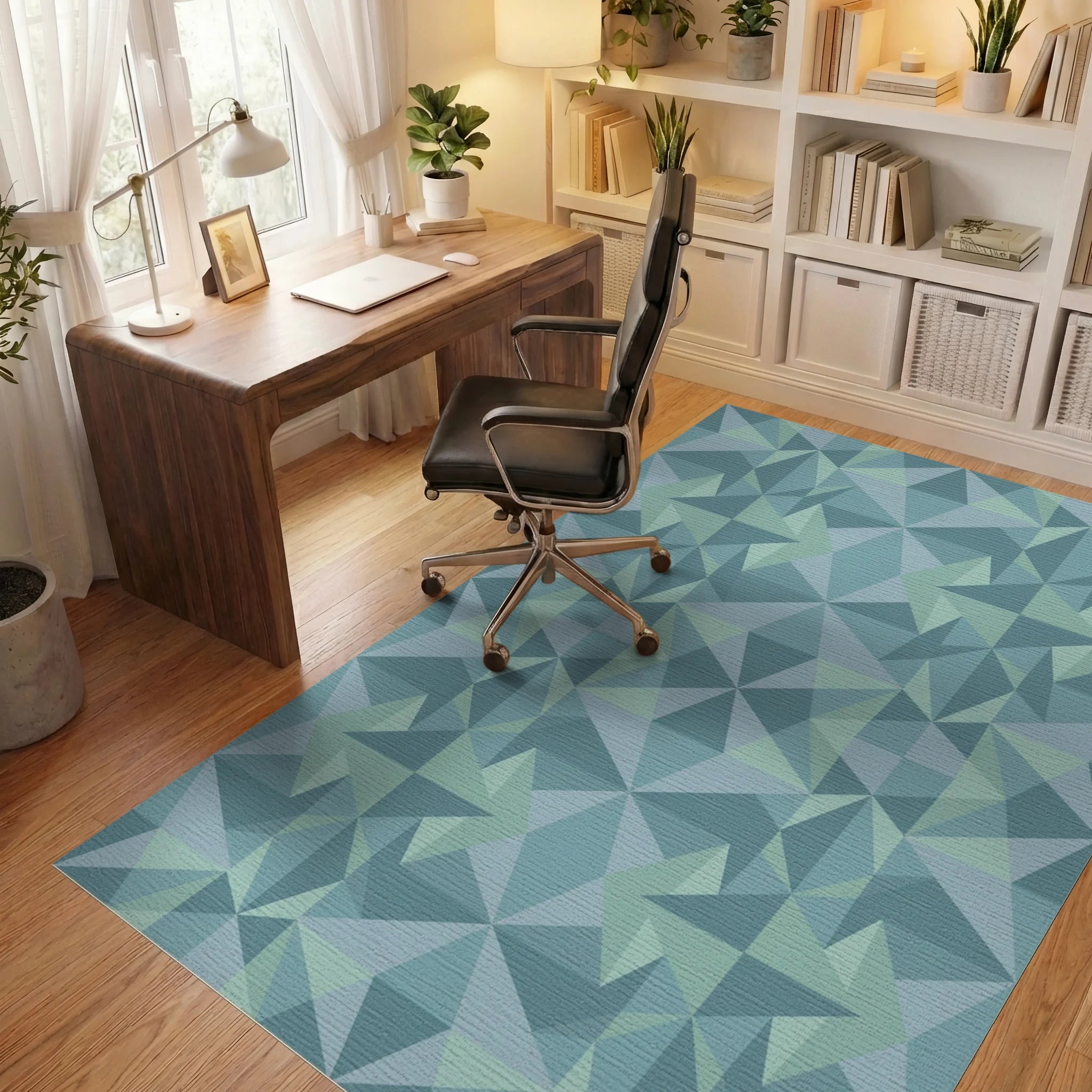 Teal Geometric Faceted Star Rug Office View