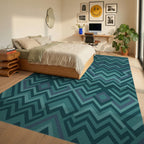 Teal Geometric Maze Chevron Rug Bedroom View
