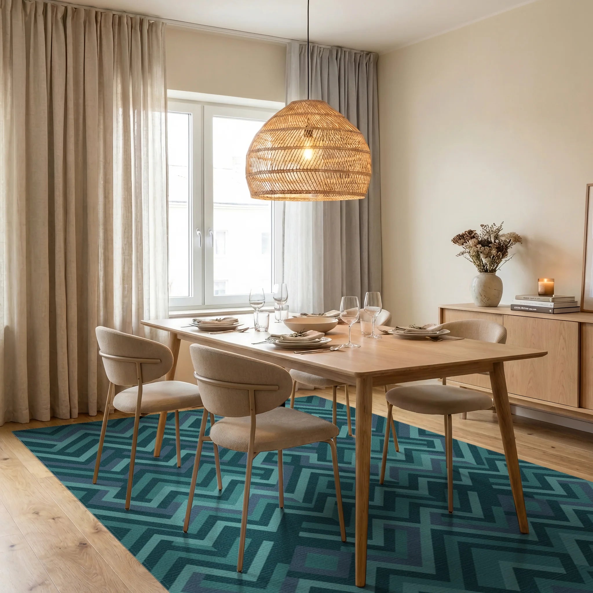 Teal Geometric Maze Chevron Rug Dining Room View