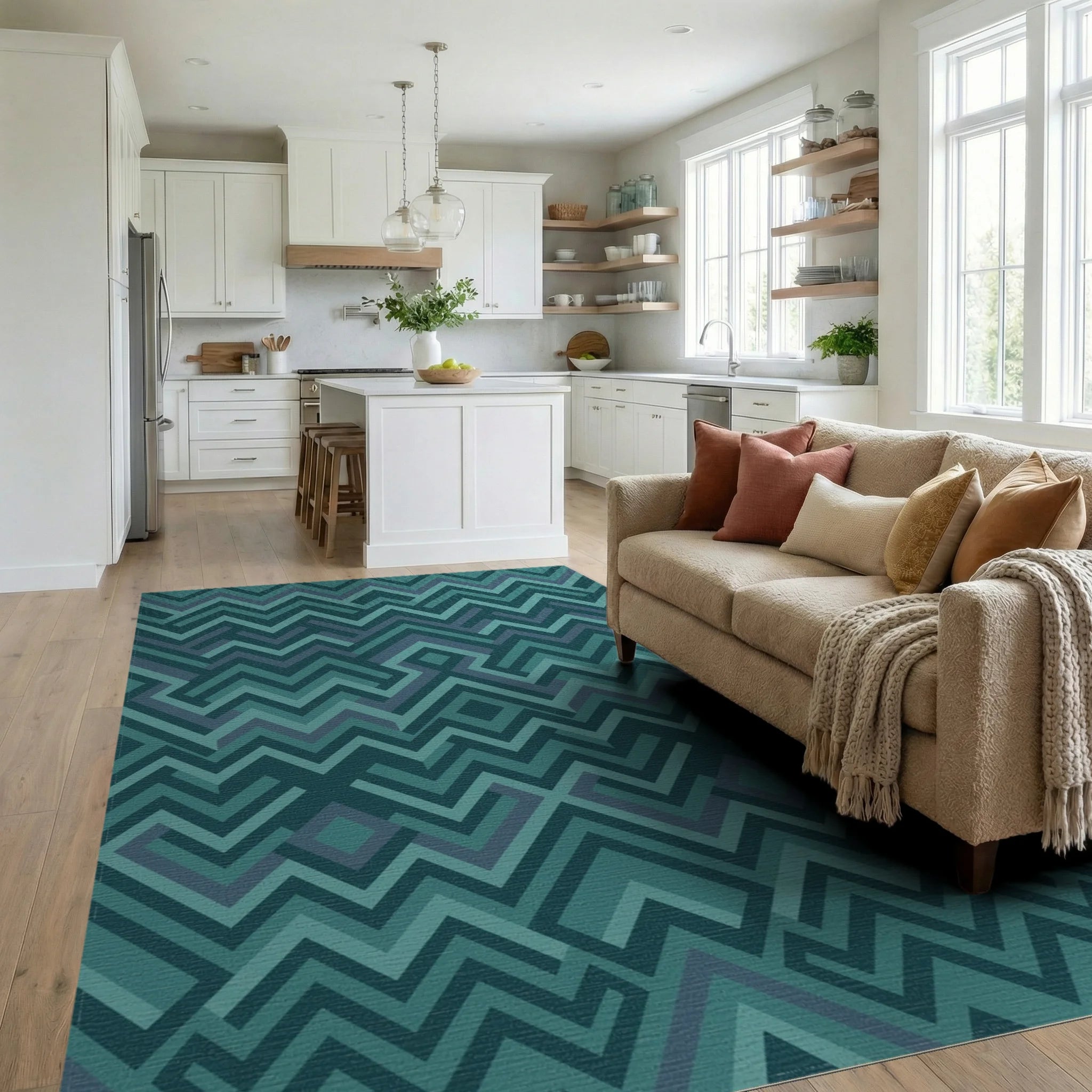 Teal Geometric Maze Chevron Rug Living Room View