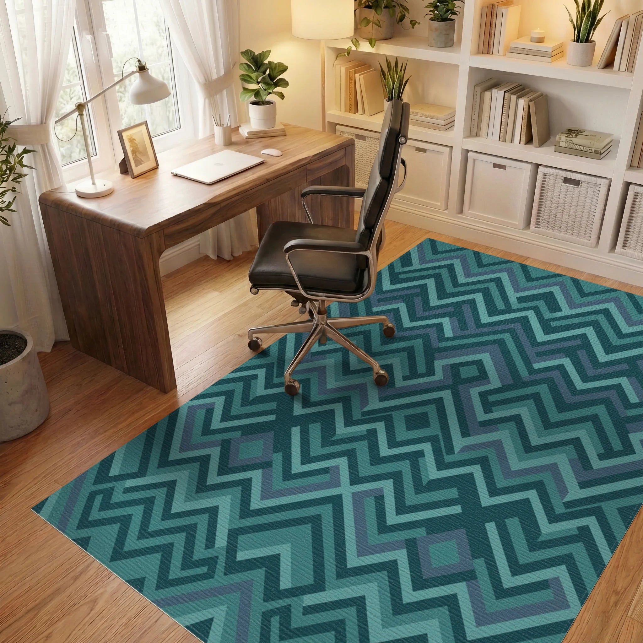 Teal Geometric Maze Chevron Rug Office View