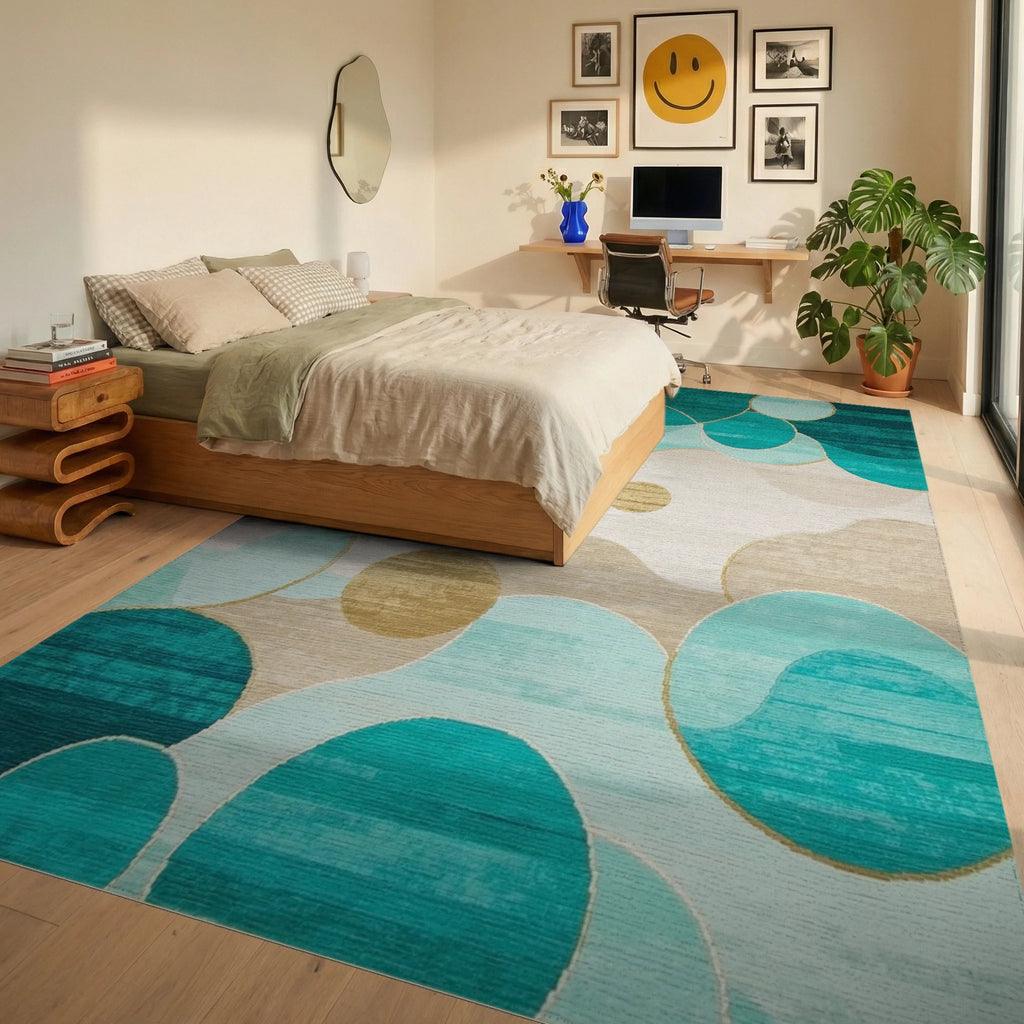 Teal Gold Abstract Circles Rug - Bedroom View
