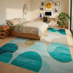 Teal Gold Abstract Circles Rug - Bedroom View