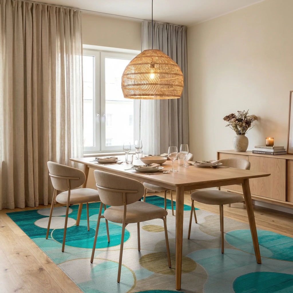 Teal Gold Abstract Circles Rug - Dining Room View