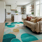 Teal Gold Abstract Circles Rug - Living Room View