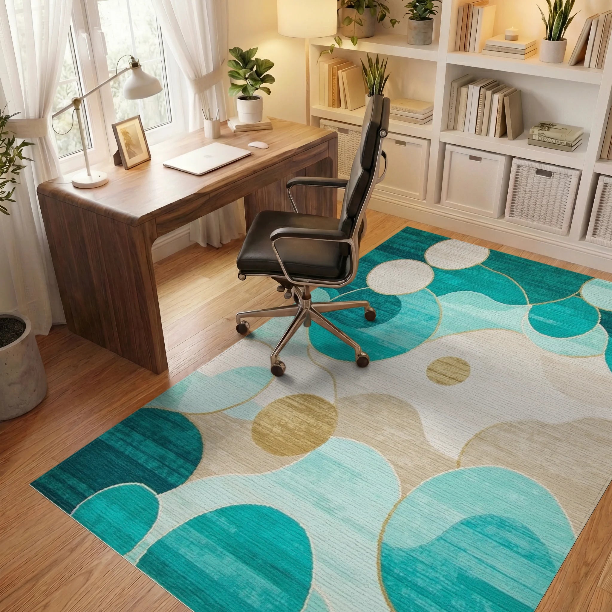 Teal Gold Abstract Circles Rug - Office View