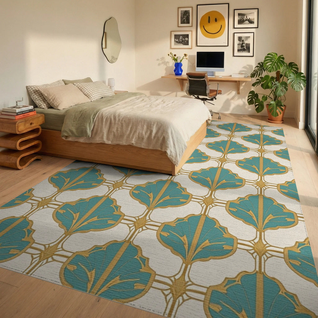 Teal Gold Art Deco Fan Pattern Rug Bedroom View