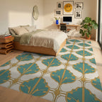 Teal Gold Art Deco Fan Pattern Rug Bedroom View