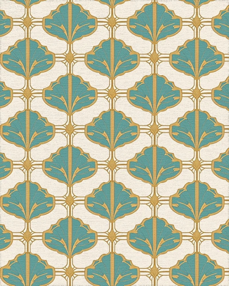 Teal Gold Art Deco Fan Pattern Rug - Cutout View