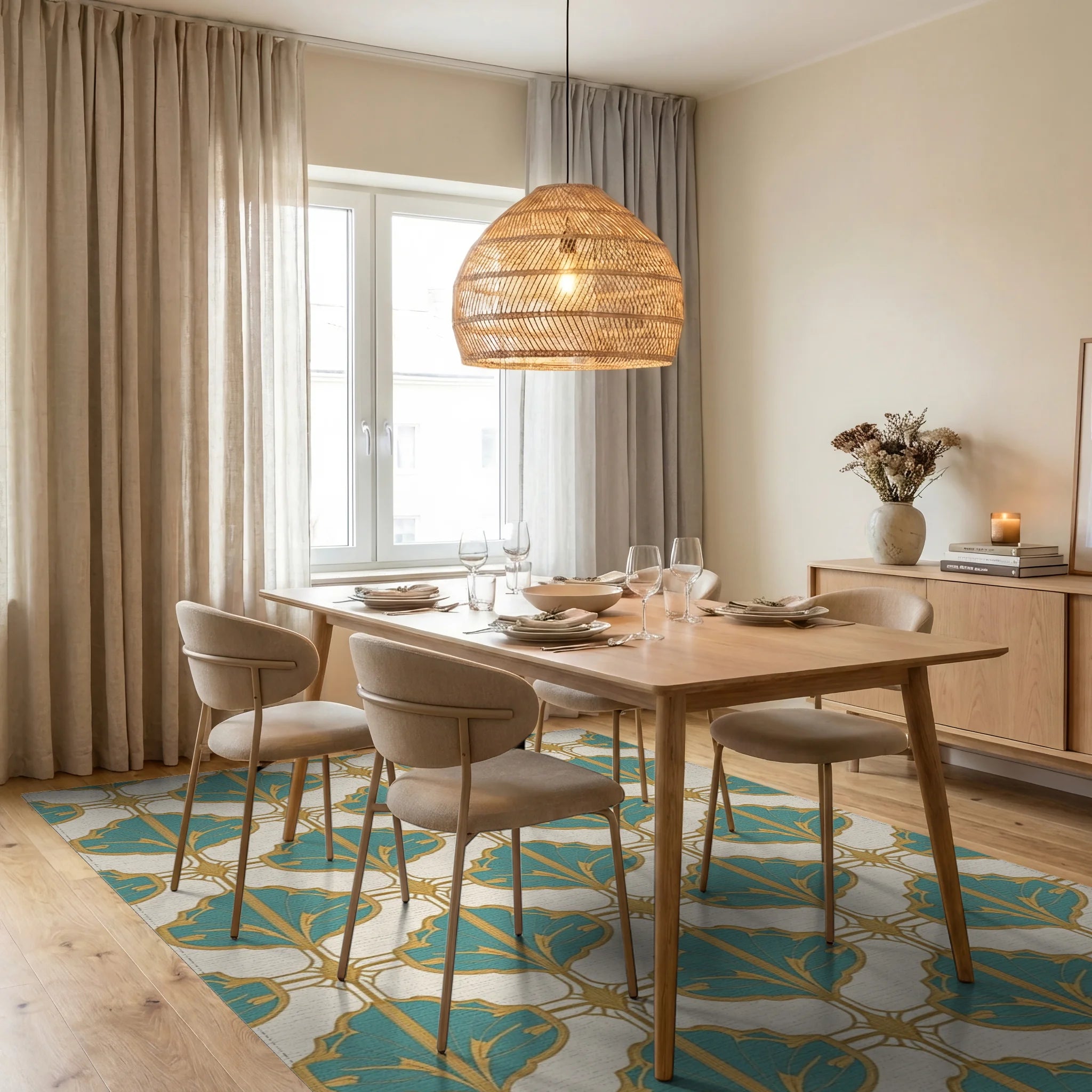 Teal Gold Art Deco Fan Pattern Rug Dining Room View
