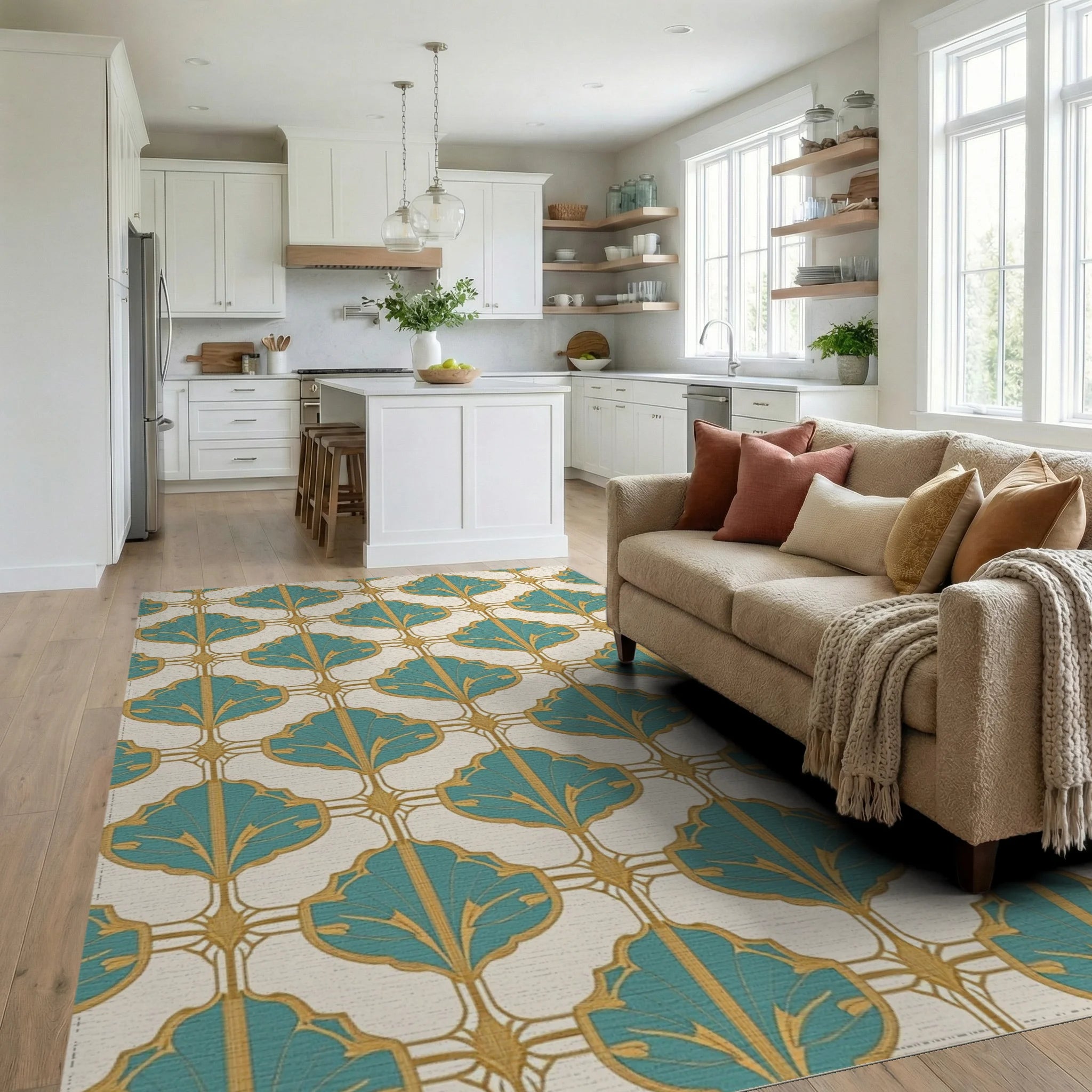 Teal Gold Art Deco Fan Pattern Rug Living Room View