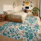 Teal Gold Flourishing Floral Design Rug Bedroom View
