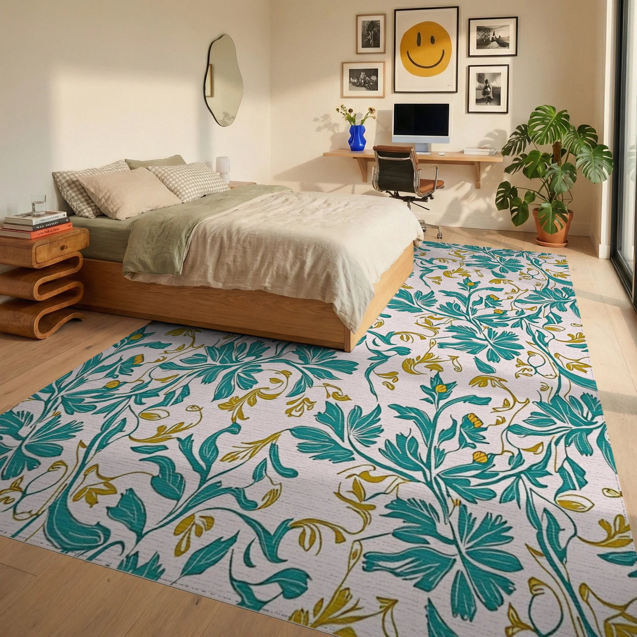 Teal Gold Flourishing Floral Design Rug Bedroom View