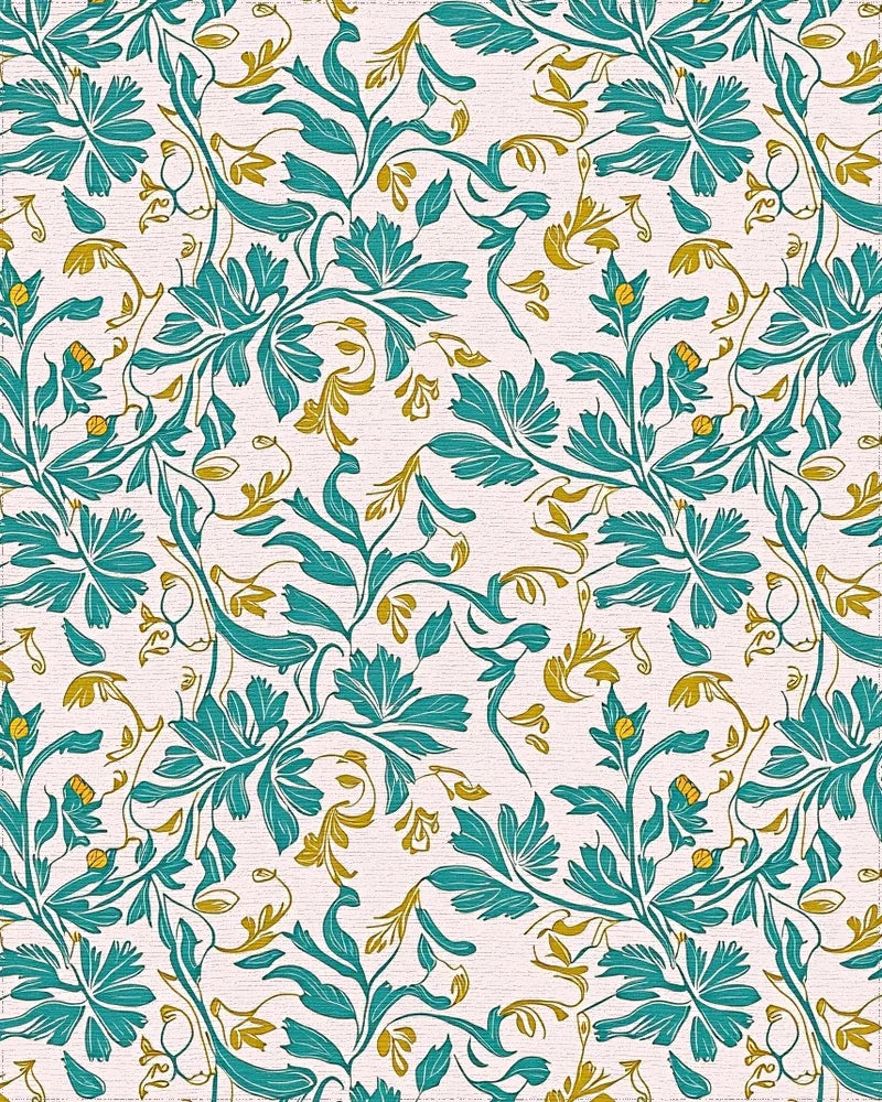 Teal Gold Flourishing Floral Design Rug - Cutout View