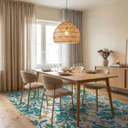 Teal Gold Flourishing Floral Design Rug Dining Room View
