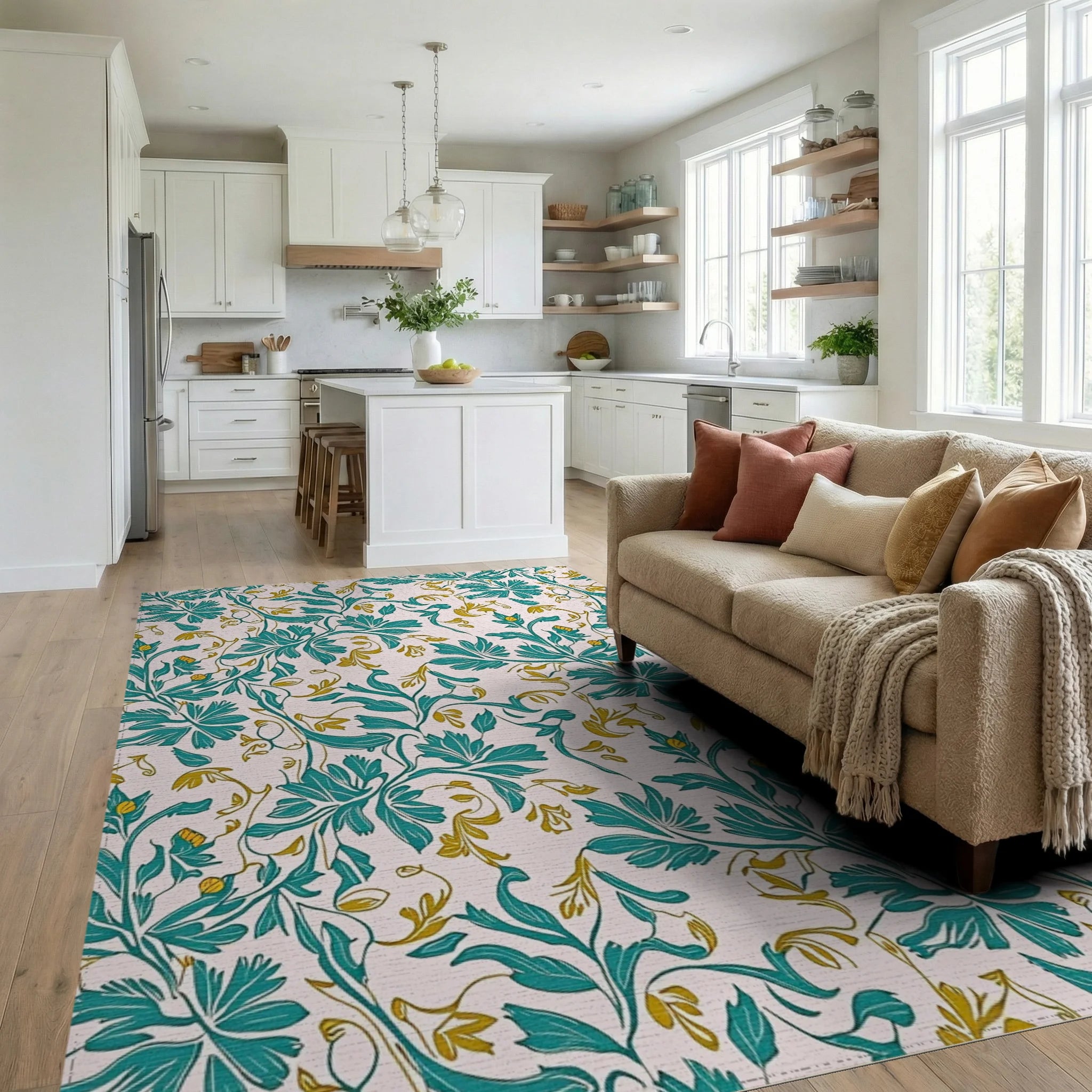 Teal Gold Flourishing Floral Design Rug Living Room View