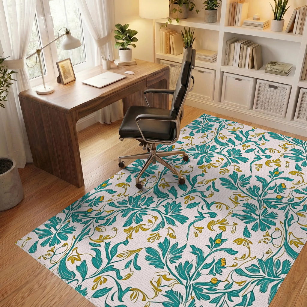 Teal Gold Flourishing Floral Design Rug Office View