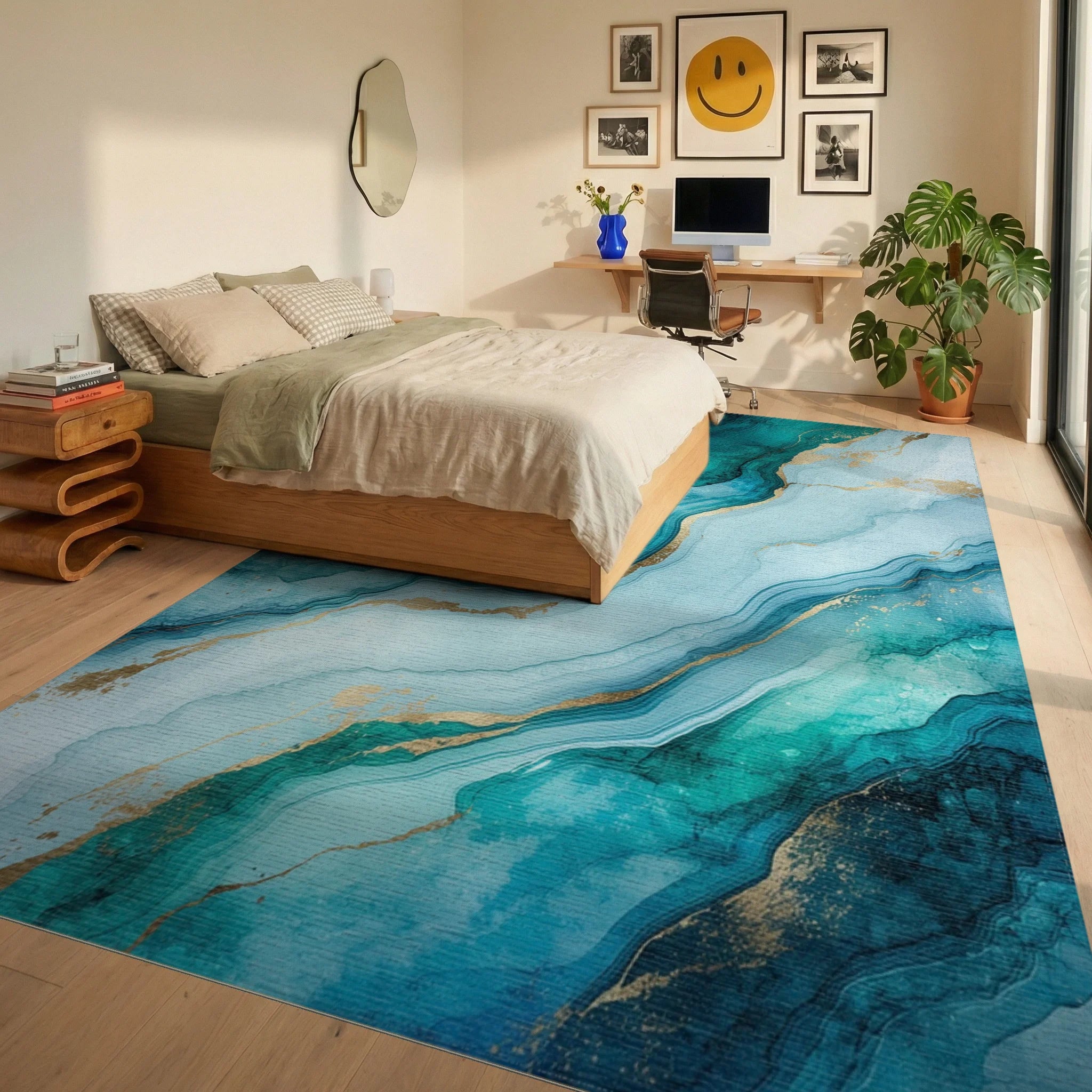 Teal Gold Fluid Marble Rug - Bedroom View