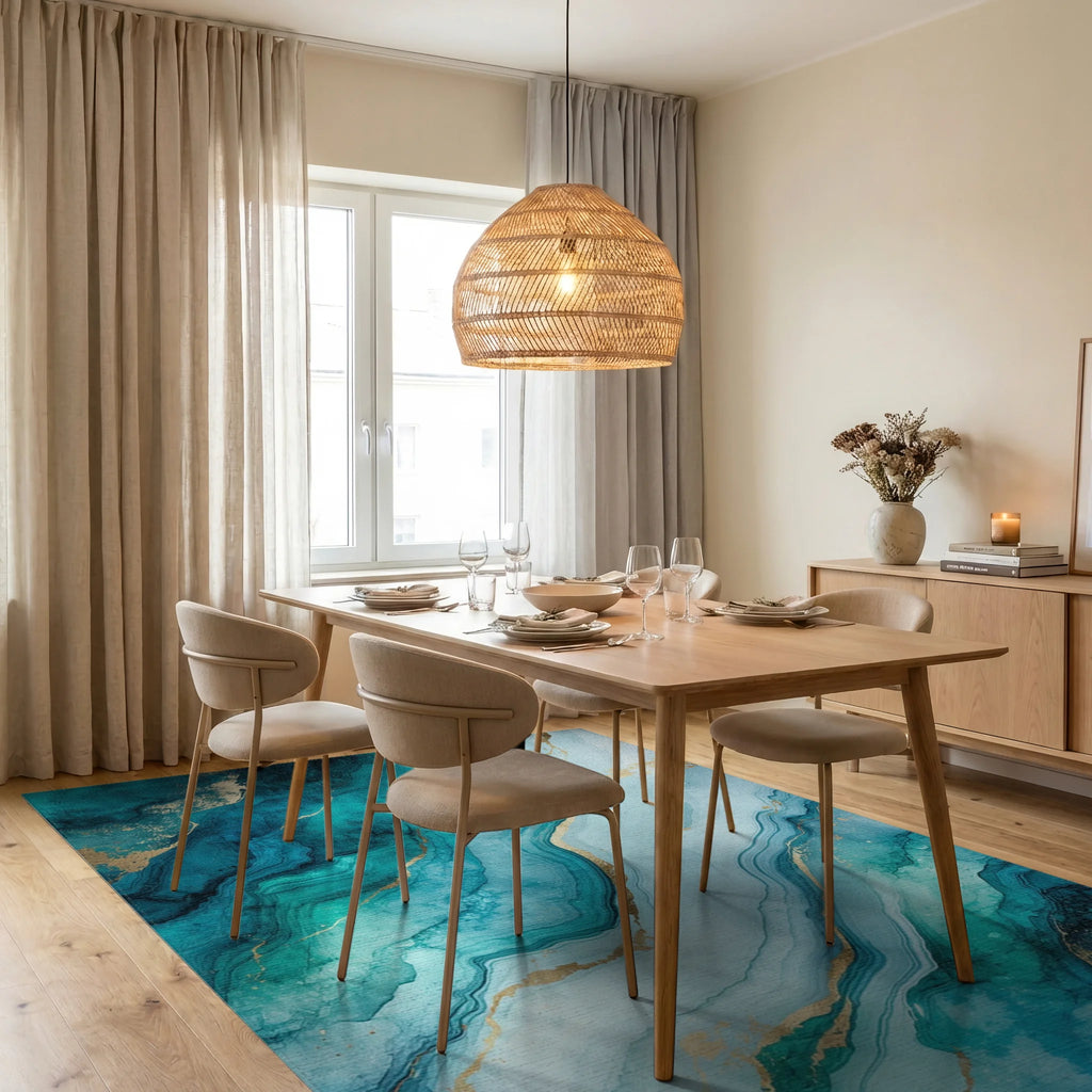 Teal Gold Fluid Marble Rug - Dining Room View