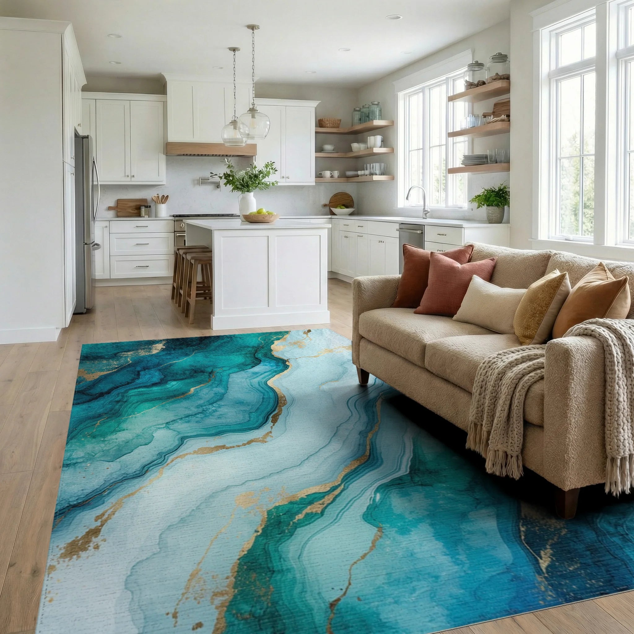 Teal Gold Fluid Marble Rug - Living Room View