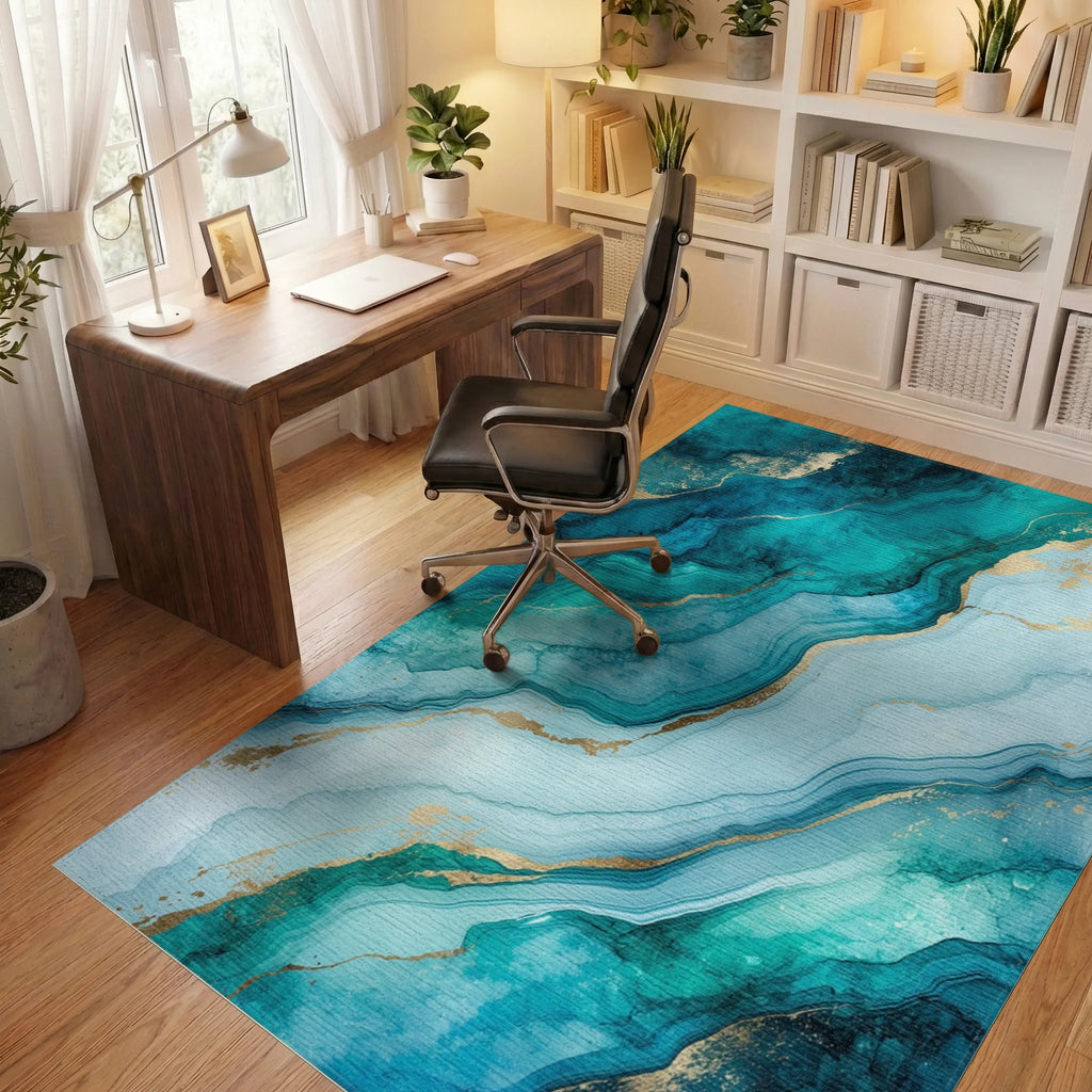 Teal Gold Fluid Marble Rug - Office View