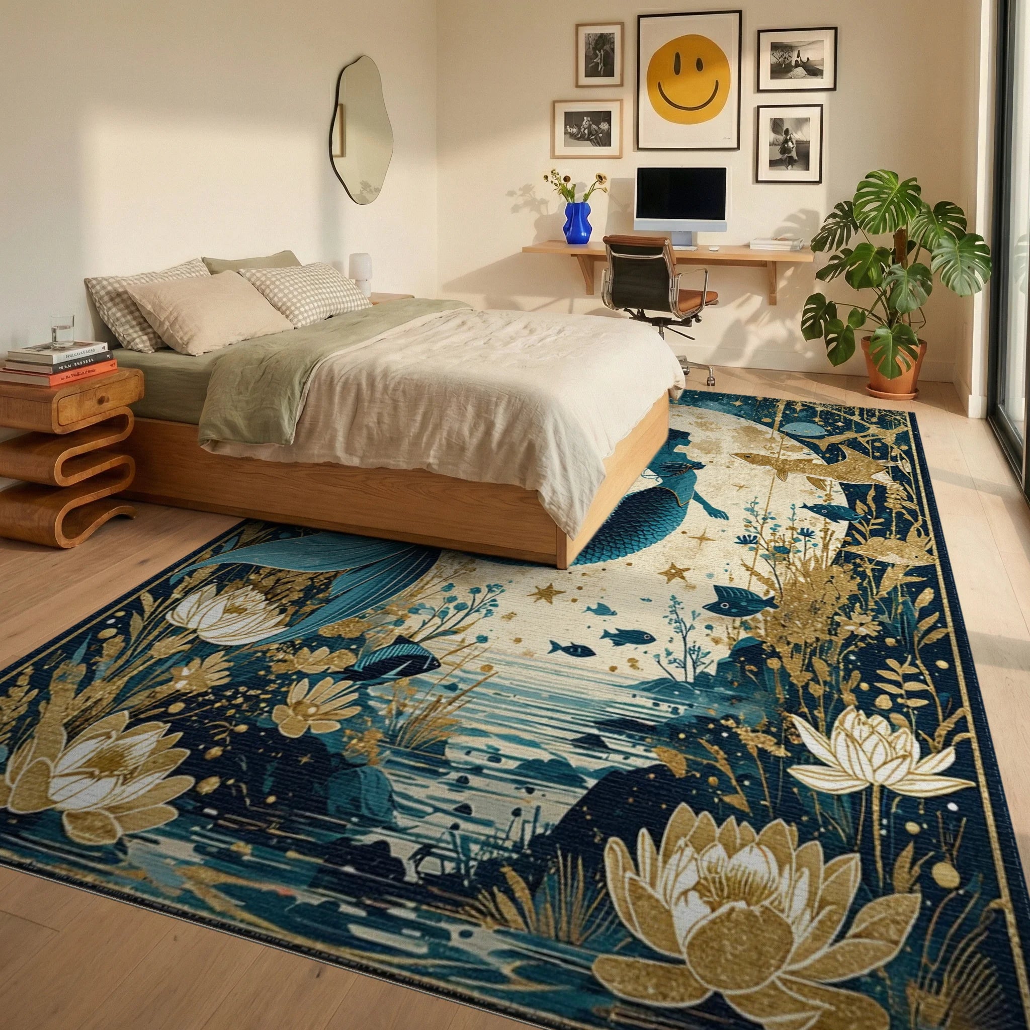 Teal Gold Mystical Mermaid Rug - Bedroom View