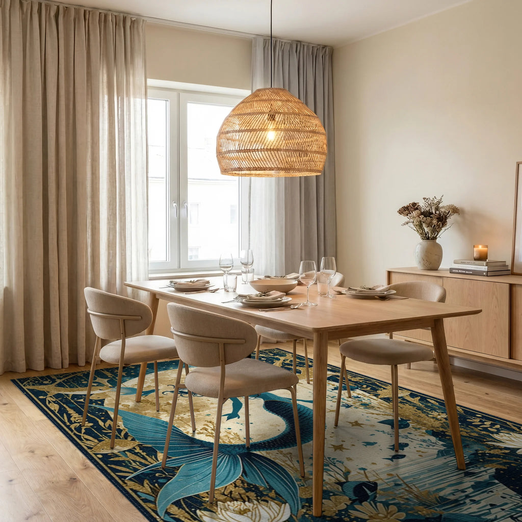 Teal Gold Mystical Mermaid Rug - Dining Room View