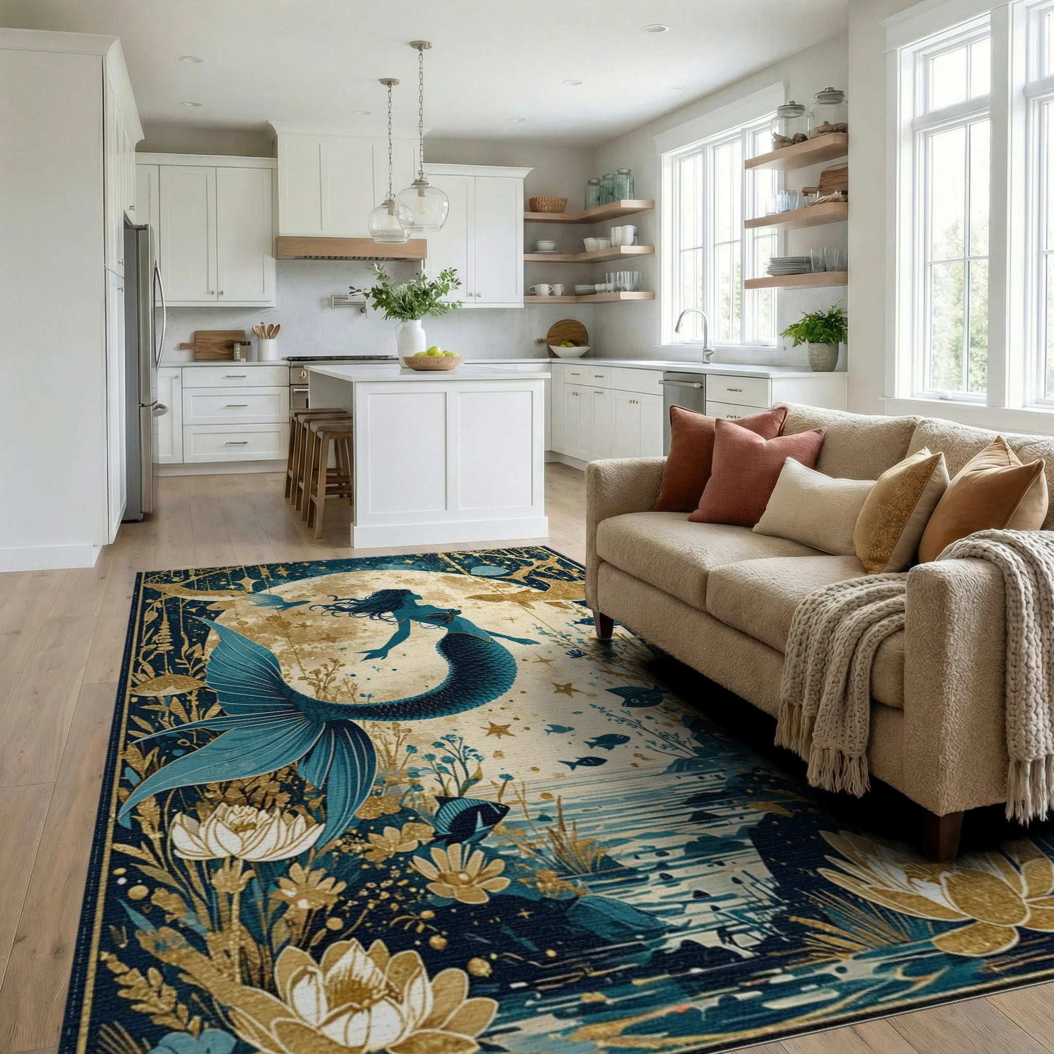 Teal Gold Mystical Mermaid Rug - Living Room View