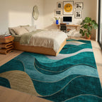 Teal Gold Waves Abstract Landscape Rug - Bedroom View