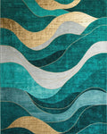 Teal Gold Waves Abstract Landscape Rug - Cutout View