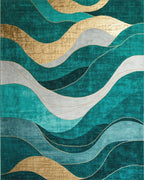 Teal Gold Waves Abstract Landscape Rug - Cutout View