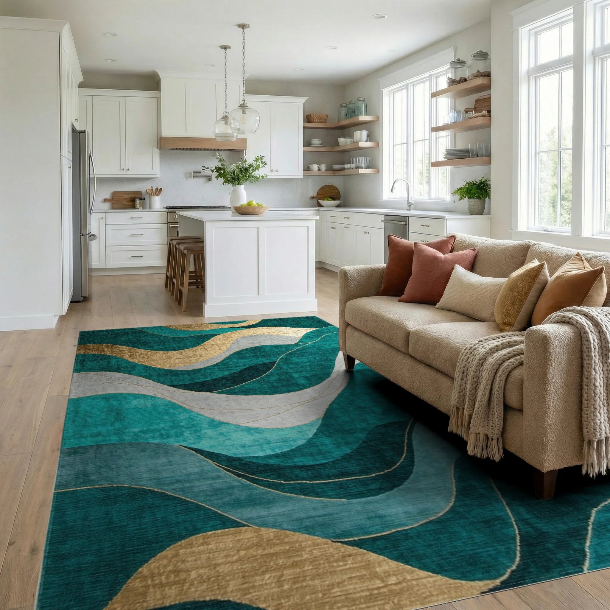 Teal Gold Waves Abstract Landscape Rug - Living Room View