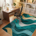 Teal Gold Waves Abstract Landscape Rug - Office View