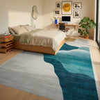 Teal Golden Abstract Layered Oval Rug - Bedroom View