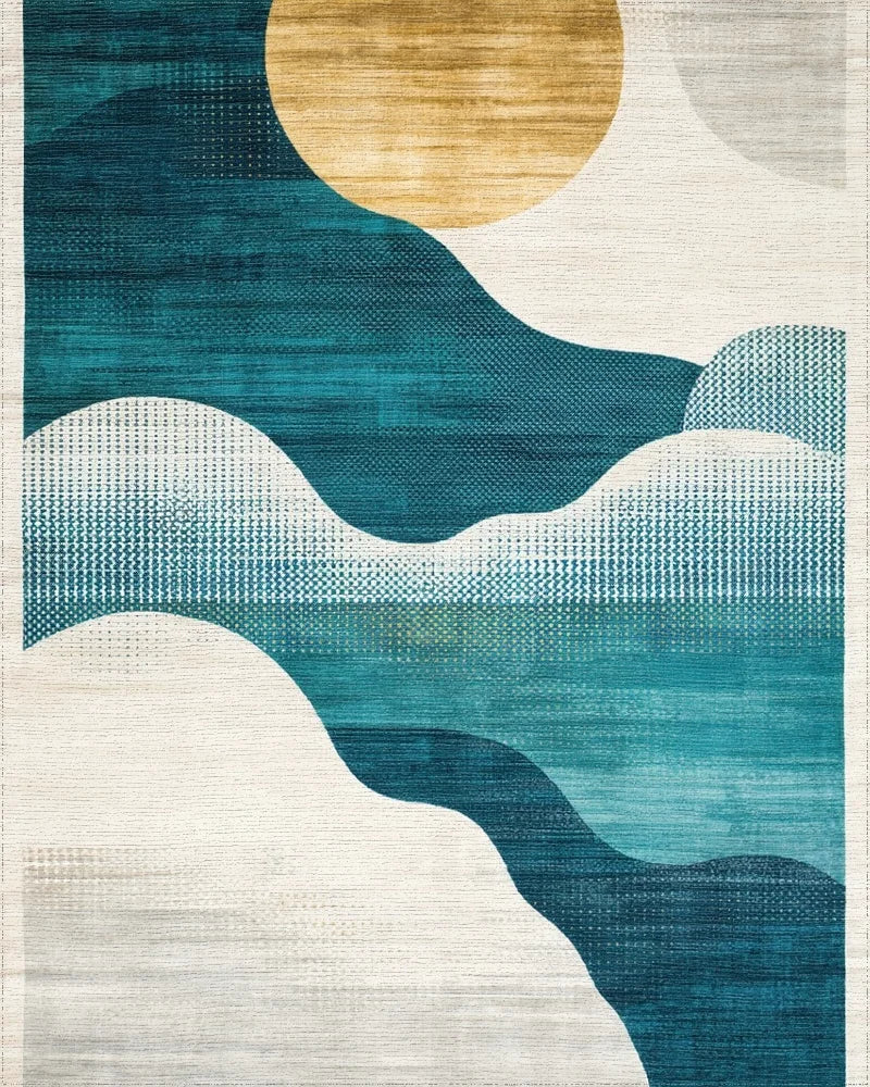 Teal Golden Abstract Layered Oval Rug - Cutout View