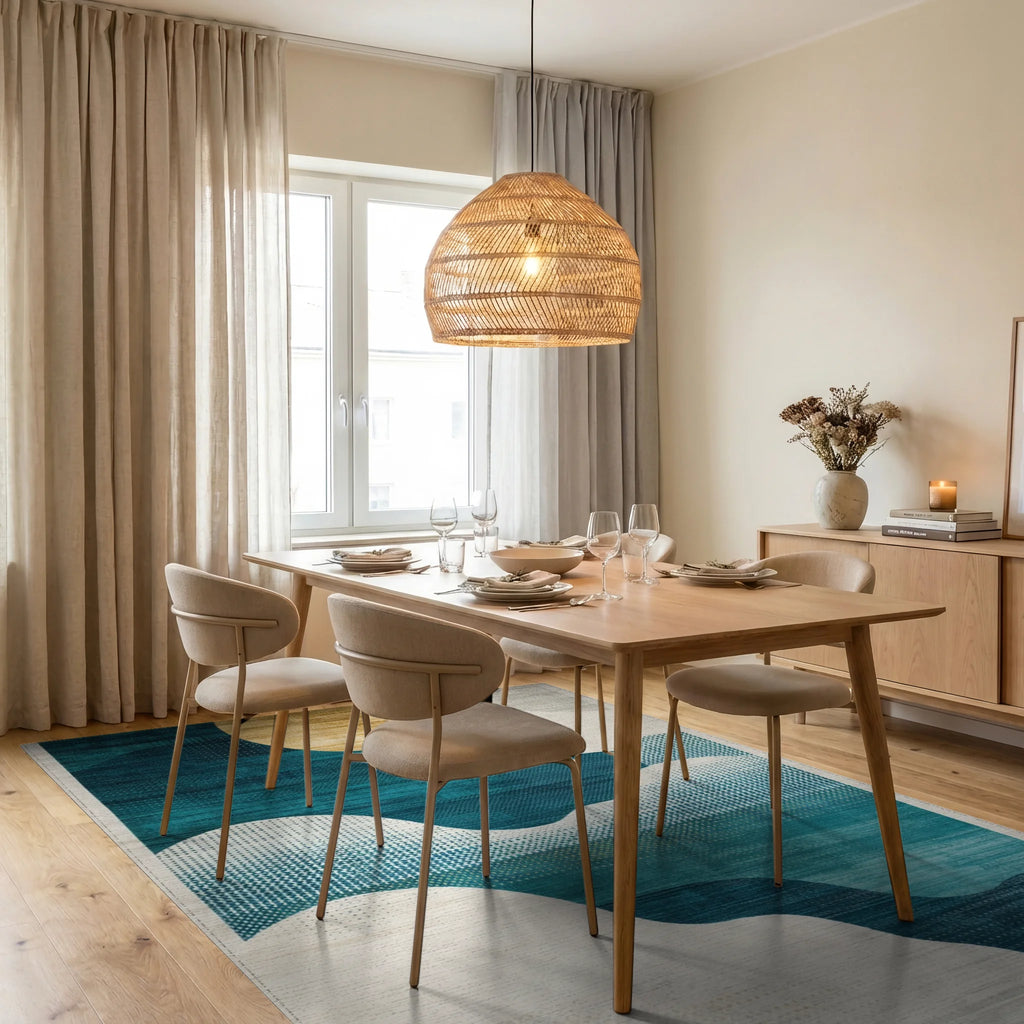 Teal Golden Abstract Layered Oval Rug - Dining Room View