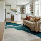 Teal Golden Abstract Layered Oval Rug - Living Room View