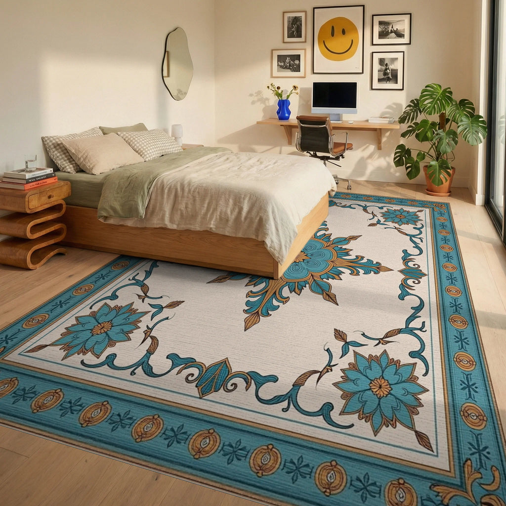 Teal Golden Floral Medallion Border Rug Bedroom View