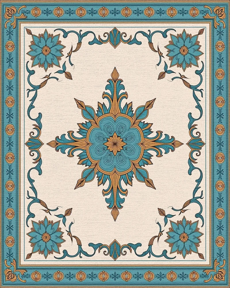 Teal Golden Floral Medallion Border Rug - Cutout View