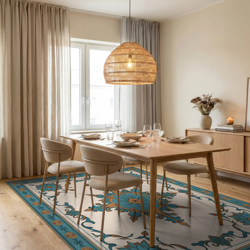 Teal Golden Floral Medallion Border Rug Dining Room View