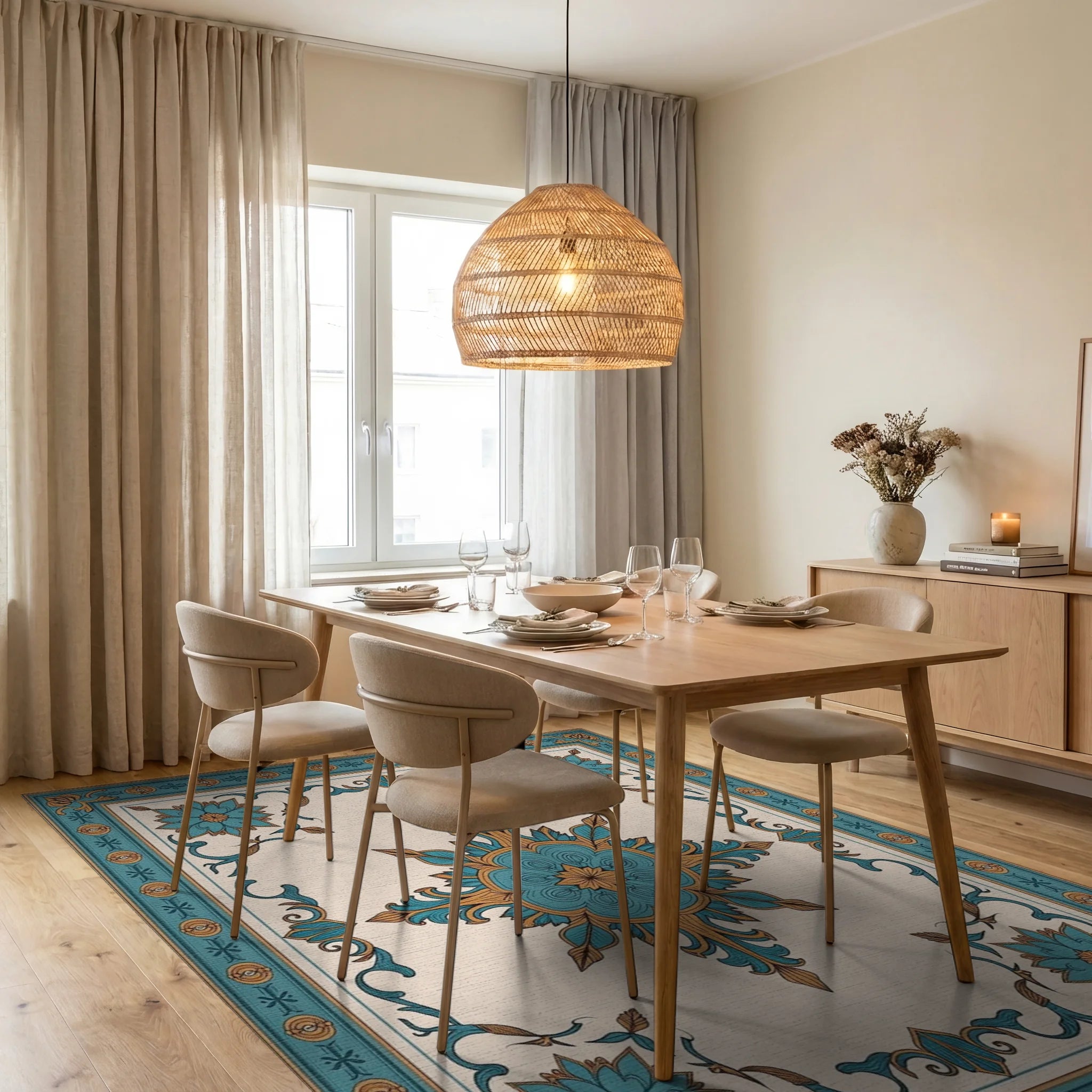 Teal Golden Floral Medallion Border Rug Dining Room View