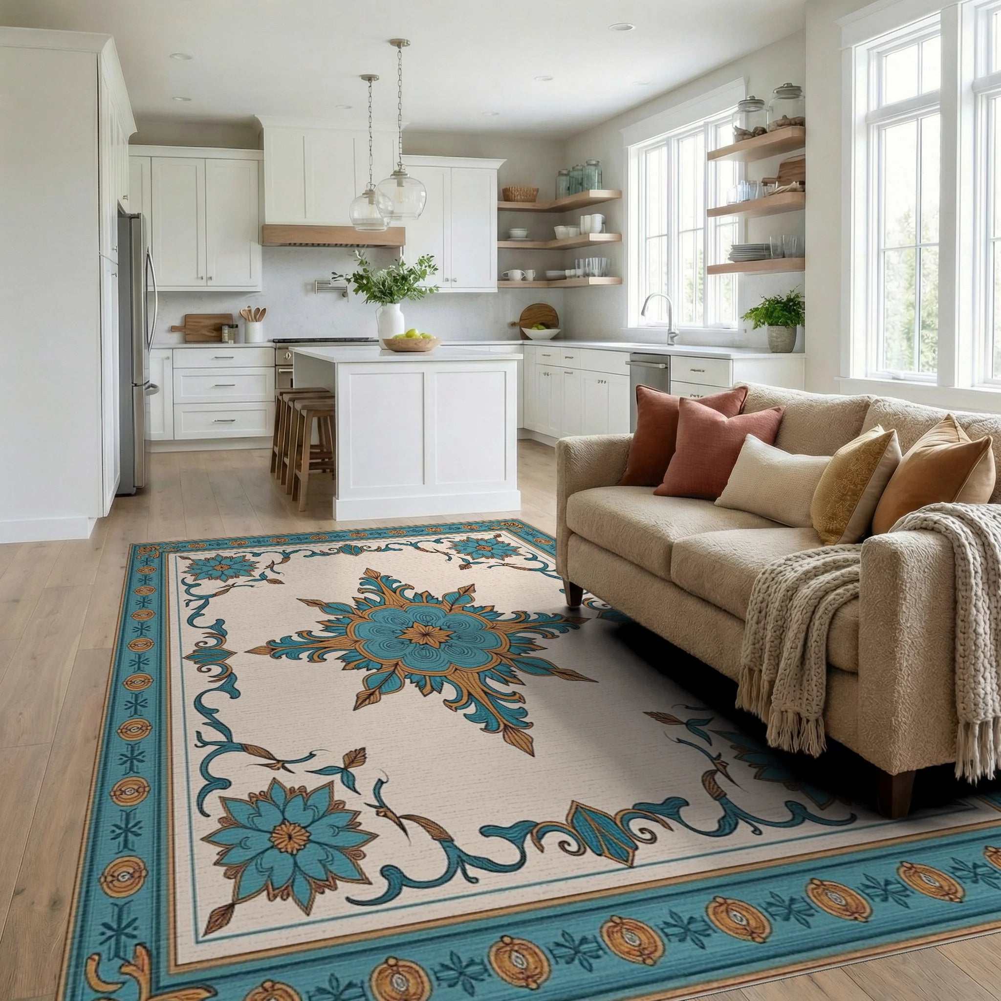 Teal Golden Floral Medallion Border Rug Living Room View