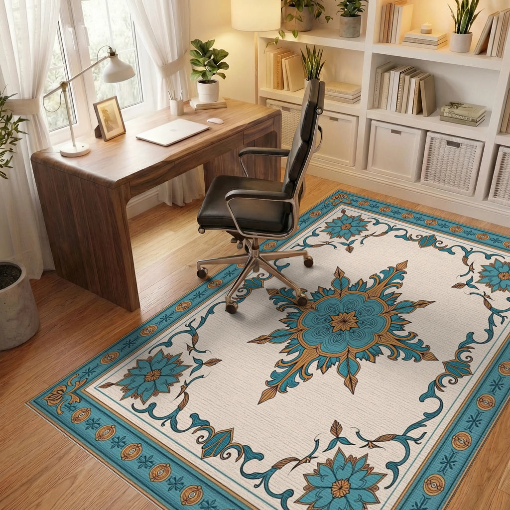Teal Golden Floral Medallion Border Rug Office View