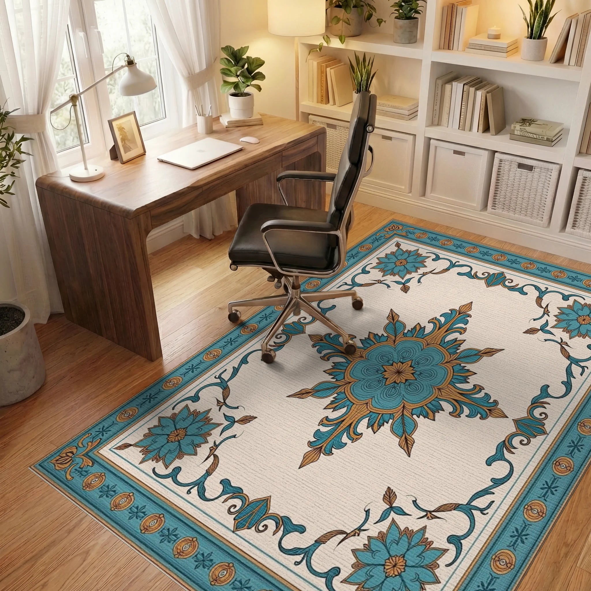 Teal Golden Floral Medallion Border Rug Office View