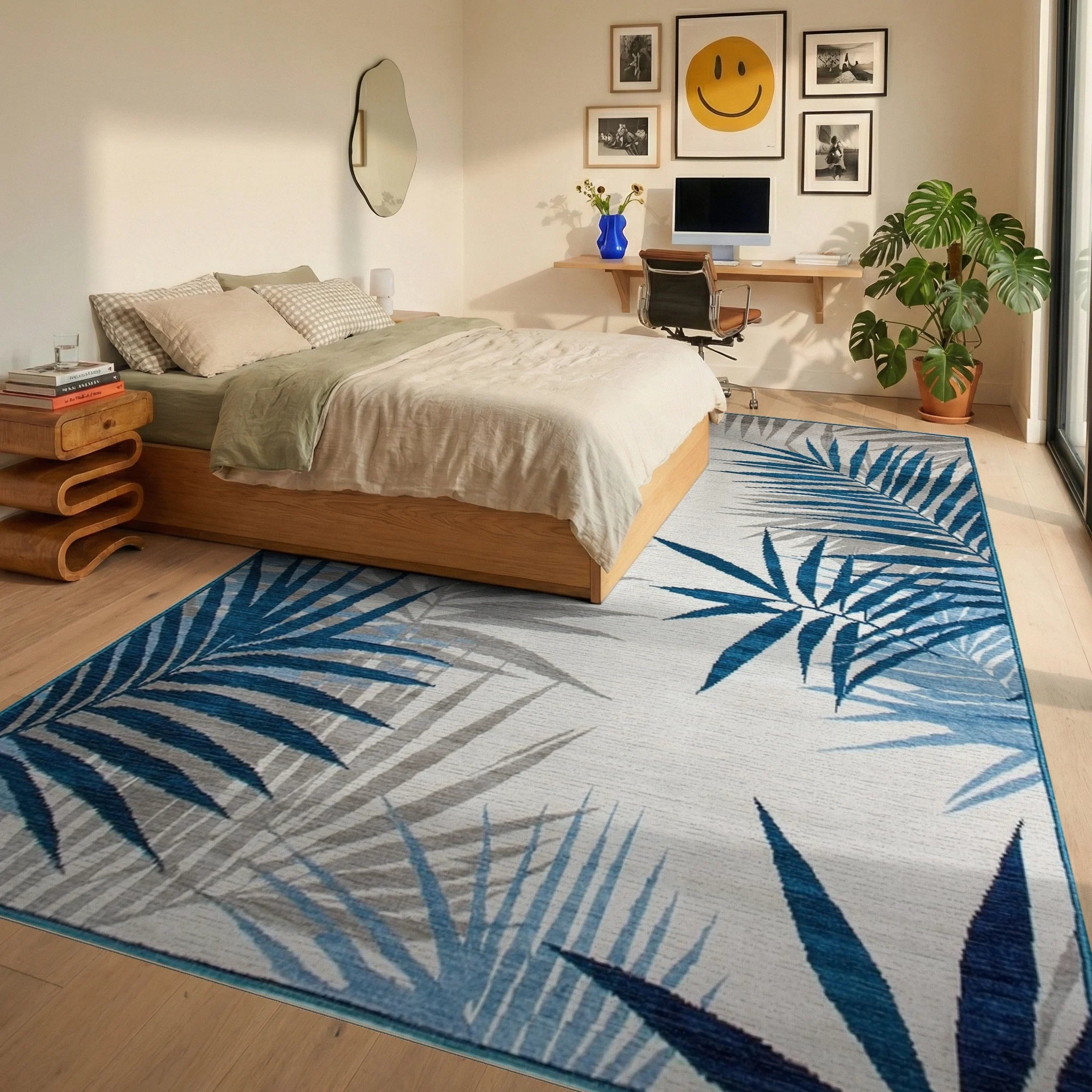Teal Gray Palm Fronds Rug - Bedroom View
