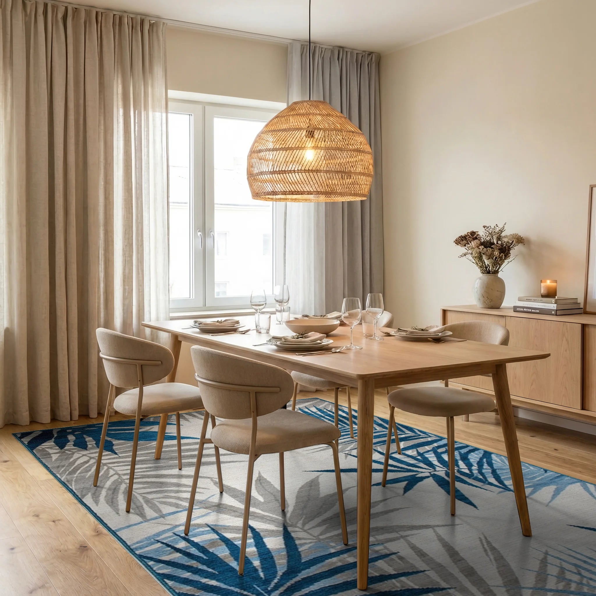 Teal Gray Palm Fronds Rug - Dining Room View